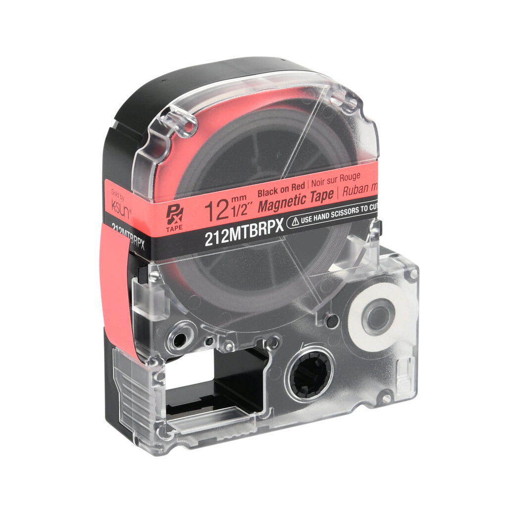 212MTBRPX-4.9 - Epson LabelWorks PX series magnetic label cartridge, 12mm (1/2in) wide, 4.9ft roll, black text, red background, polyester-laminated magnet. For use with Epson LabelWorks PX series label printers.