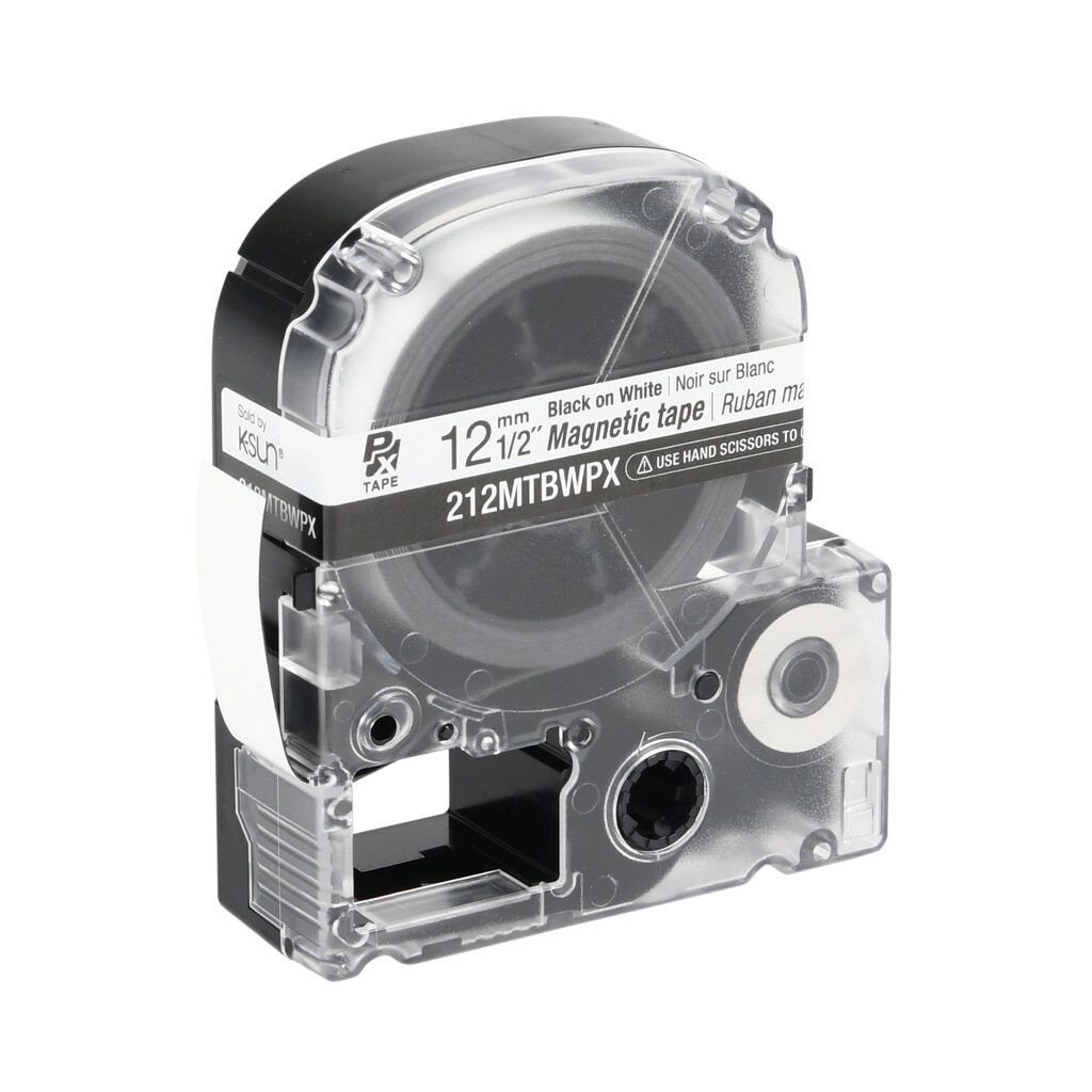 212MTBWPX-4.9 - Epson LabelWorks PX series magnetic label cartridge, 12mm (1/2in) wide, 4.9ft roll, black text, white background, polyester-laminated magnet. For use with Epson LabelWorks PX series label printers.