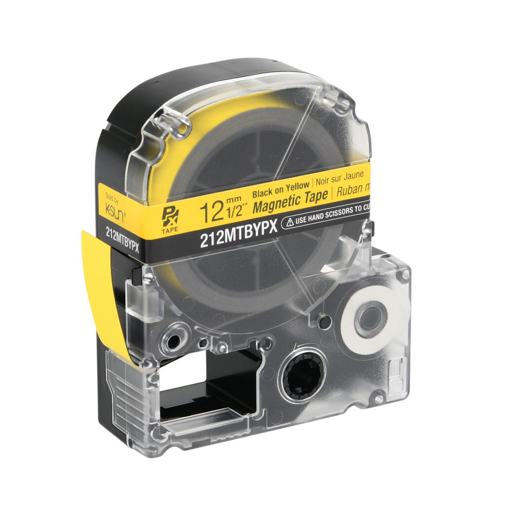 212MTBYPX-4.9 - Epson LabelWorks PX series magnetic label cartridge, 12mm (1/2in) wide, 4.9ft roll, black text, yellow background, polyester-laminated magnet. For use with Epson LabelWorks PX series label printers.