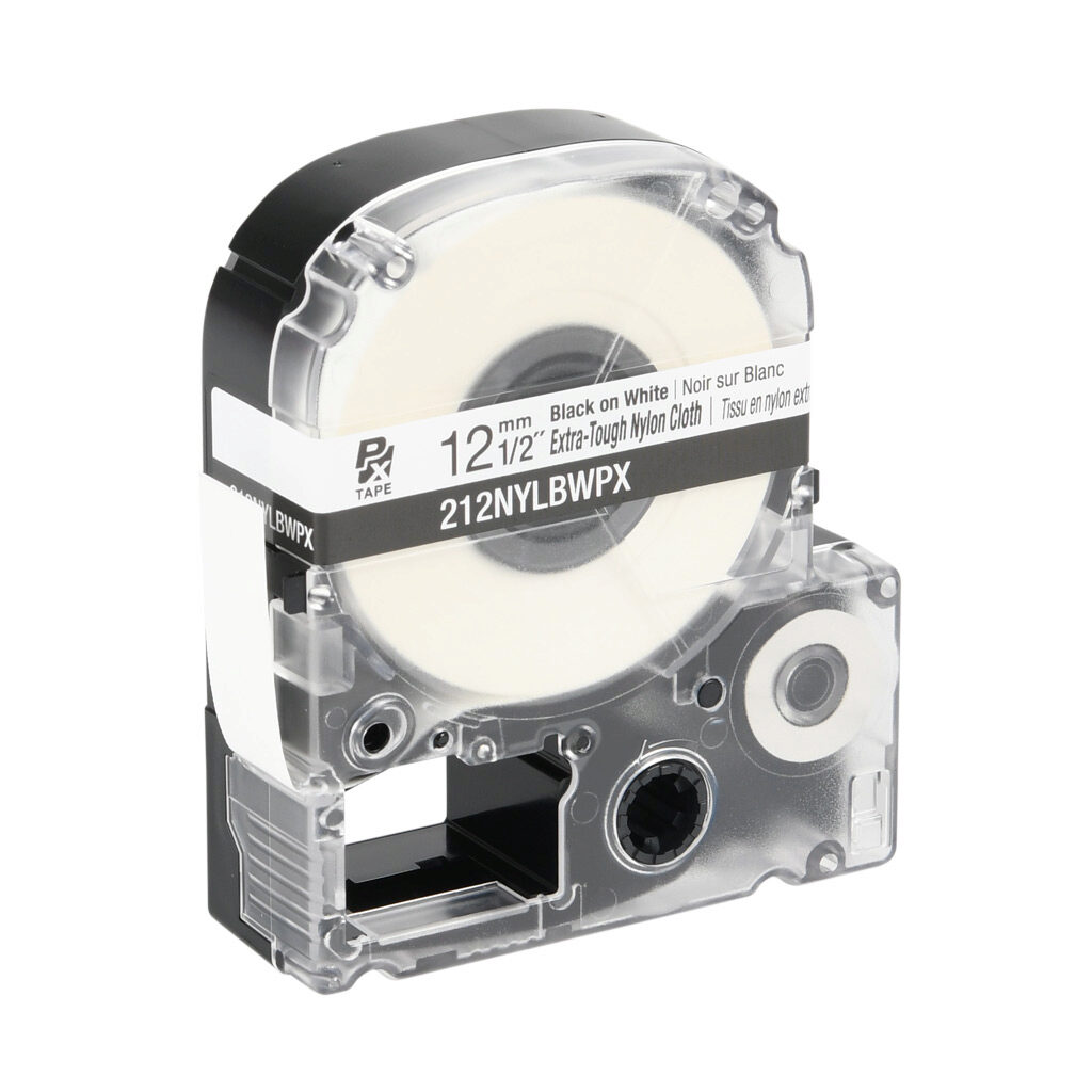 212NYLBWPX - Epson LabelWorks PX series extra-tough label cartridge, 12mm (1/2in) wide, 19ft roll, black text, white background, nylon cloth. For use with Epson LabelWorks PX series label printers.