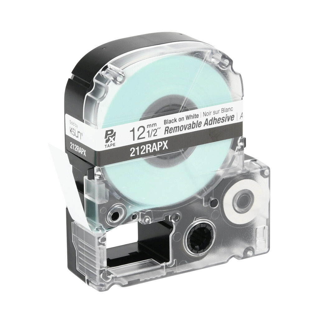 212RAPX - Epson LabelWorks PX series removable adhesive label cartridge, 12mm (1/2in) wide, 30ft roll, black text, white background, polyester. For use with Epson LabelWorks PX series label printers.