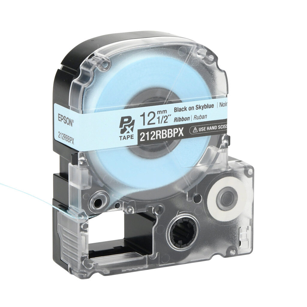 212RBBPX - Epson LabelWorks PX series printable ribbon label cartridge, 12mm (1/2in) wide, 16ft roll, black text, blue background, polyester. For use with Epson LabelWorks PX series label printers.