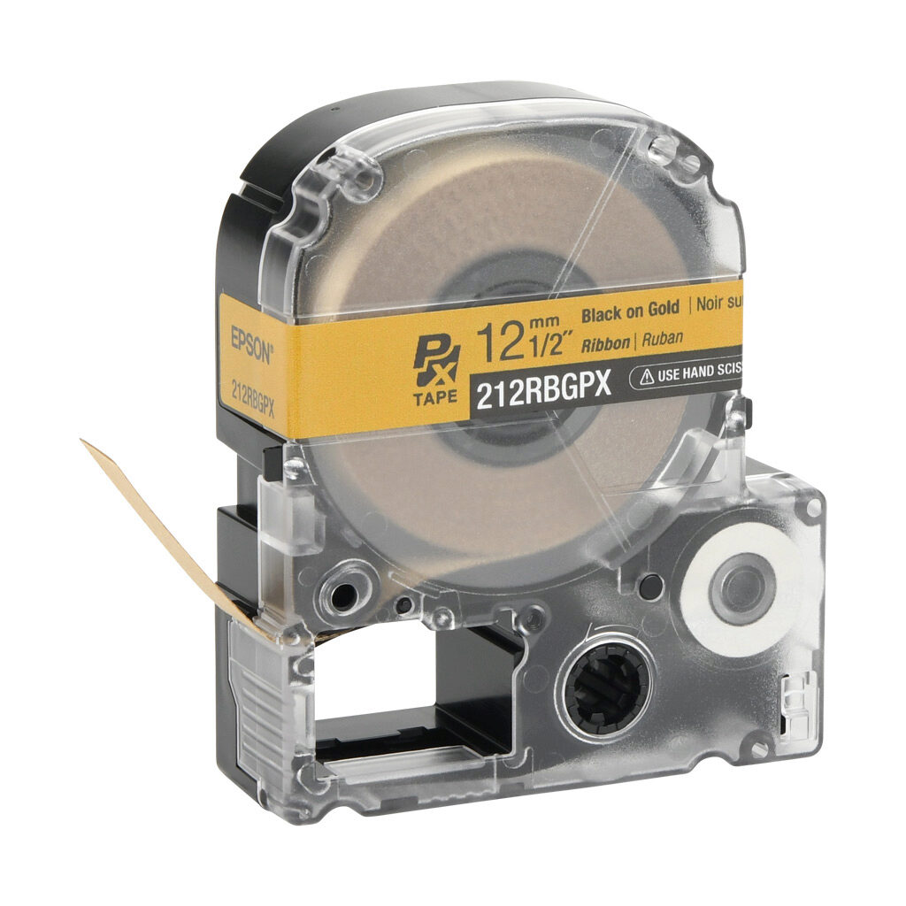 212RBGPX - Epson LabelWorks PX series printable ribbon label cartridge, 12mm (1/2in) wide, 16ft roll, black text, gold background, polyester. For use with Epson LabelWorks PX series label printers.