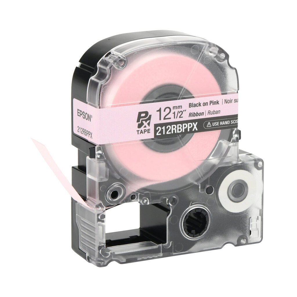 212RBPPX - Epson LabelWorks PX series printable ribbon label cartridge, 12mm (1/2in) wide, 16ft roll, black text, pink background, polyester. For use with Epson LabelWorks PX series label printers.