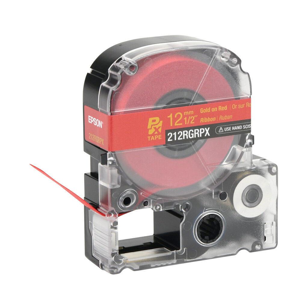 212RGRPX - Epson LabelWorks PX series printable ribbon label cartridge, 12mm (1/2in) wide, 16ft roll, gold text, red background, polyester. For use with Epson LabelWorks PX series label printers.