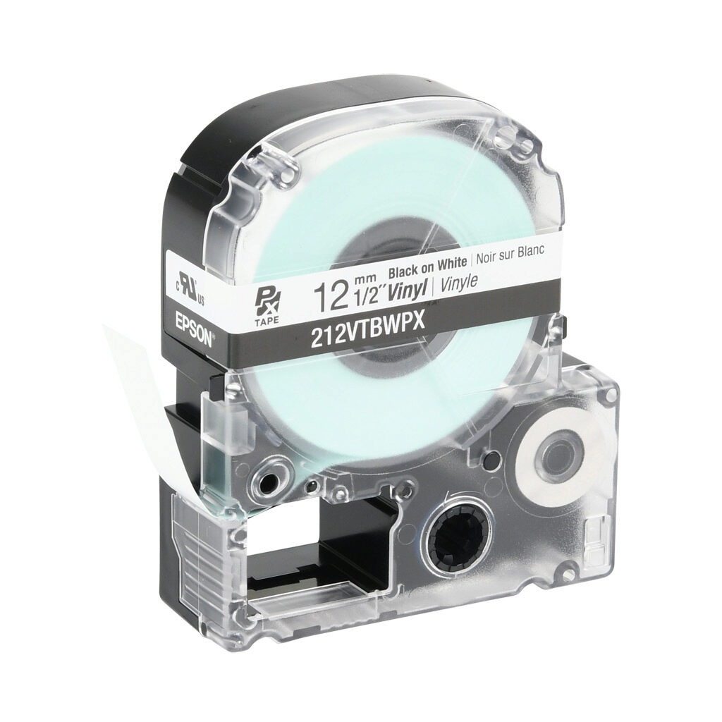 212VTBWPX - Epson LabelWorks PX series standard label cartridge, 12mm (1/2in) wide, 22.9ft roll, black text, white background, vinyl. For use with Epson LabelWorks PX series label printers.