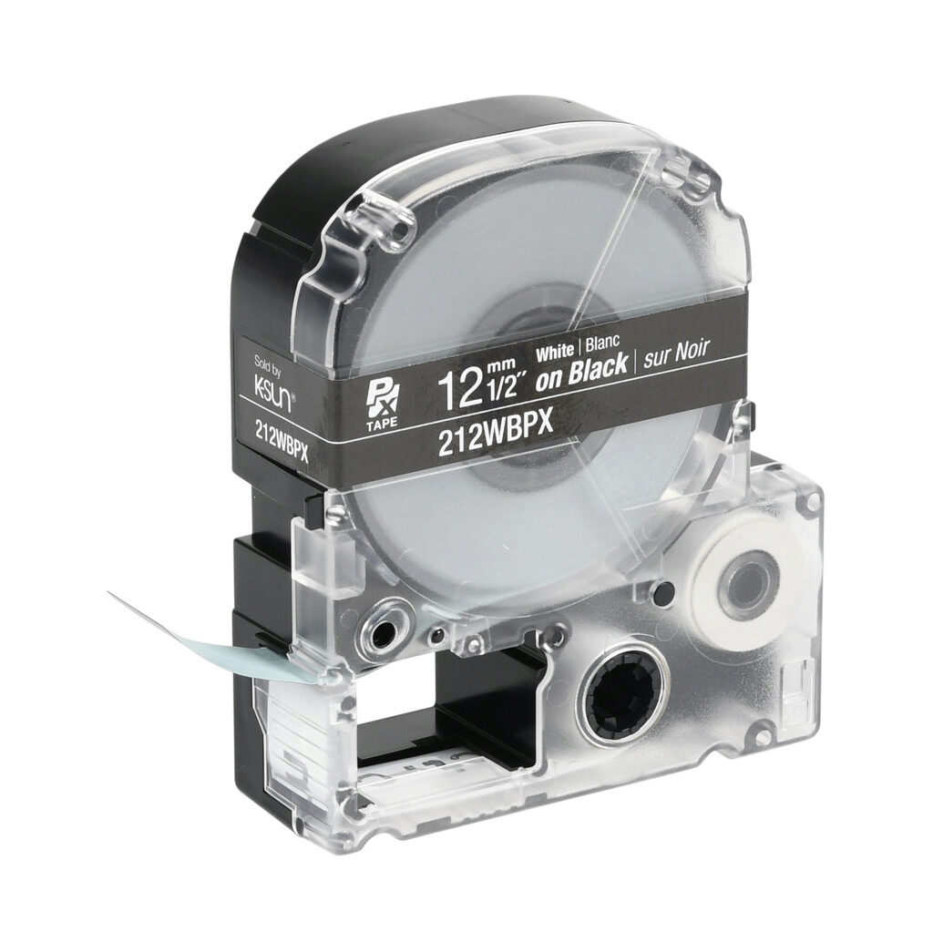 212WBPX - Epson LabelWorks PX series standard label cartridge, 12mm (1/2in) wide, 30ft roll, white text, black background, polyester. For use with Epson LabelWorks PX series label printers.
