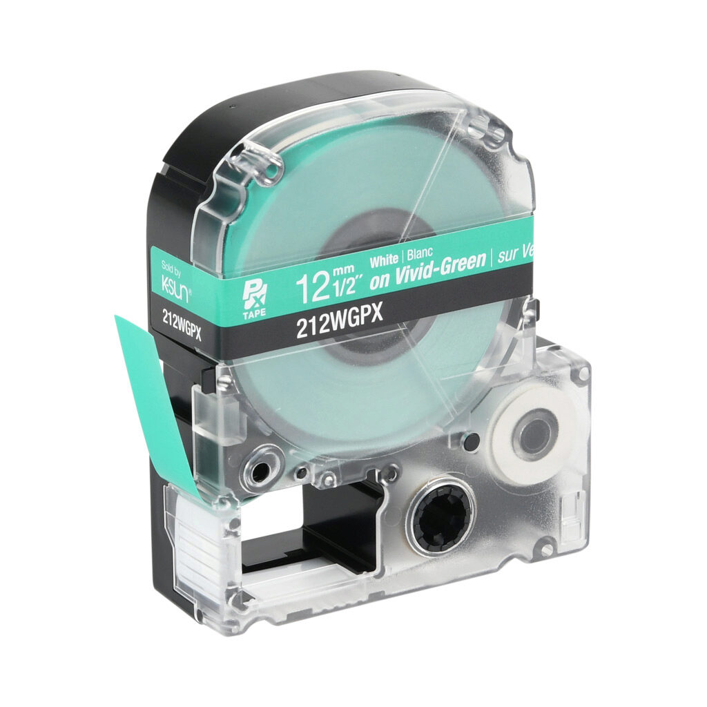 212WGPX - Epson LabelWorks PX series standard label cartridge, 12mm (1/2in) wide, 30ft roll, white text, green background, polyester. For use with Epson LabelWorks PX series label printers.