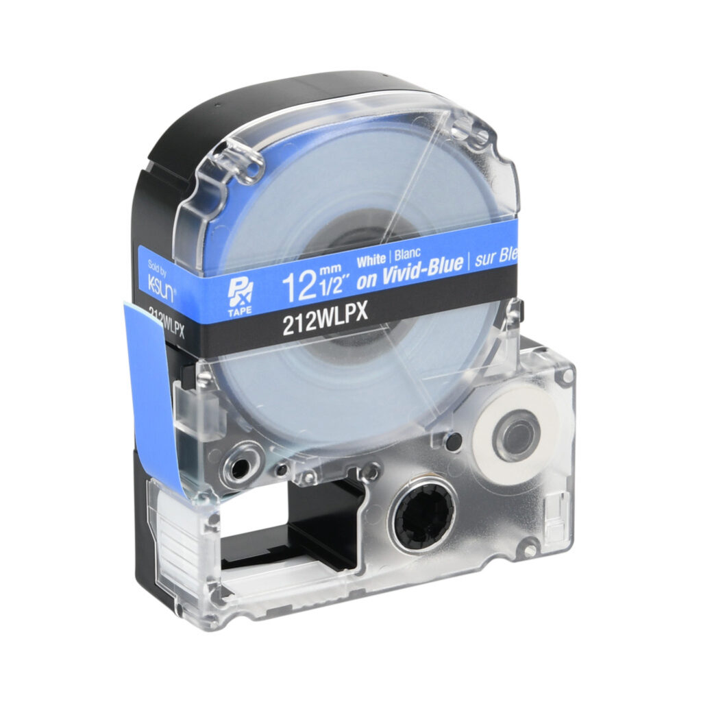 212WLPX - Epson LabelWorks PX series standard label cartridge, 12mm (1/2in) wide, 30ft roll, white text, blue background, polyester. For use with Epson LabelWorks PX series label printers.