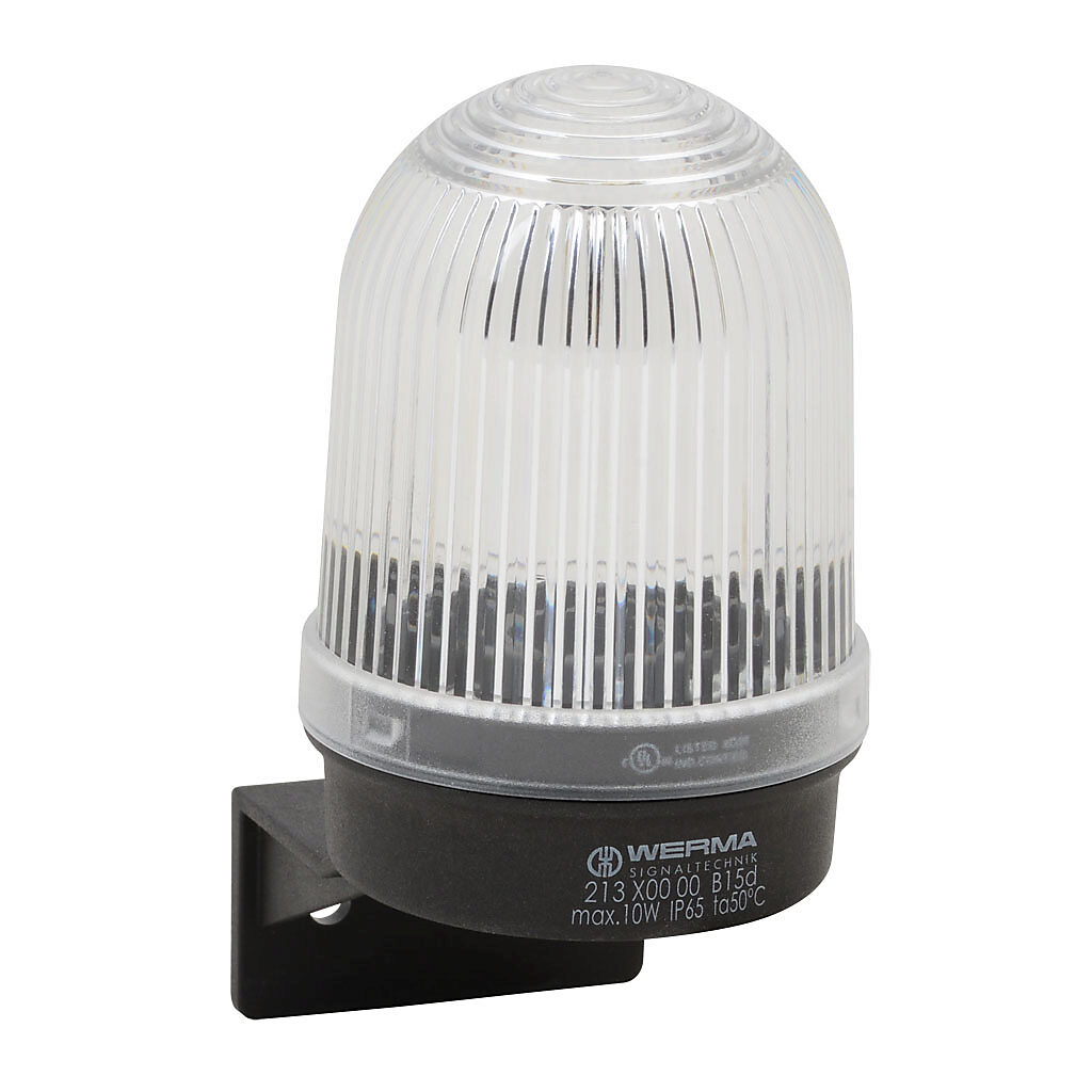 21340000 - WERMA incandescent industrial tall signal beacon, 57mm, clear/white, permanent, IP65, bracket mount, 12-240 VAC/VDC. Requires incandescent bulb.