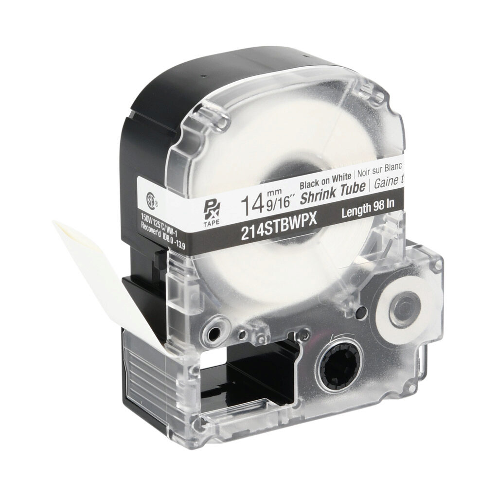 214STBWPX - Epson LabelWorks PX series heat-shrink tube label cartridge, 14mm (9/16in) nominal diameter, 98in roll, black text, white background, polyolefin, 5-0 AWG. For use with Epson LabelWorks PX series label printers.