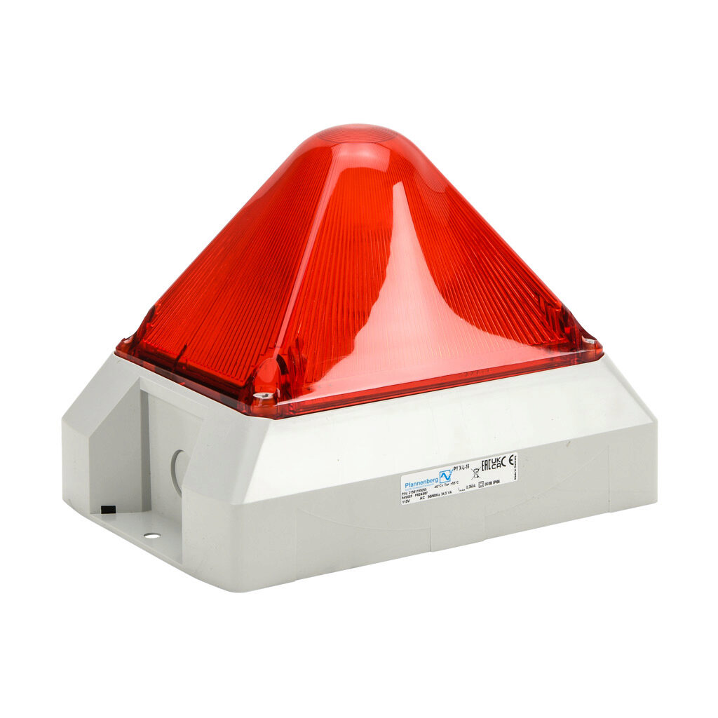 21561155055 - Pfannenberg PYRA series Xenon tube industrial signal beacon, 212 x 144 x 157mm, red, selectable flashing strobe, IP66, NEMA 4/4X, surface mount, 115 VAC.