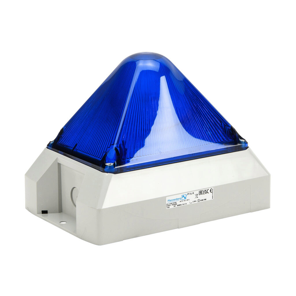 21561157055 - Pfannenberg PYRA series Xenon tube industrial signal beacon, 212 x 144 x 157mm, blue, selectable flashing strobe, IP66, NEMA 4/4X, surface mount, 115 VAC.