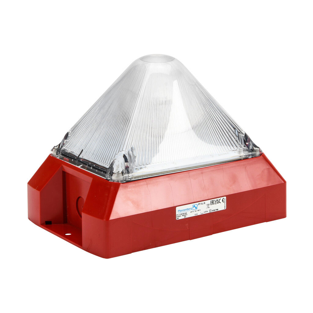 21561801000 - Pfannenberg PYRA series Xenon tube industrial signal beacon, 212 x 144 x 157mm, clear/white, selectable flashing strobe, IP66, NEMA 4/4X, surface mount, 24 VDC.