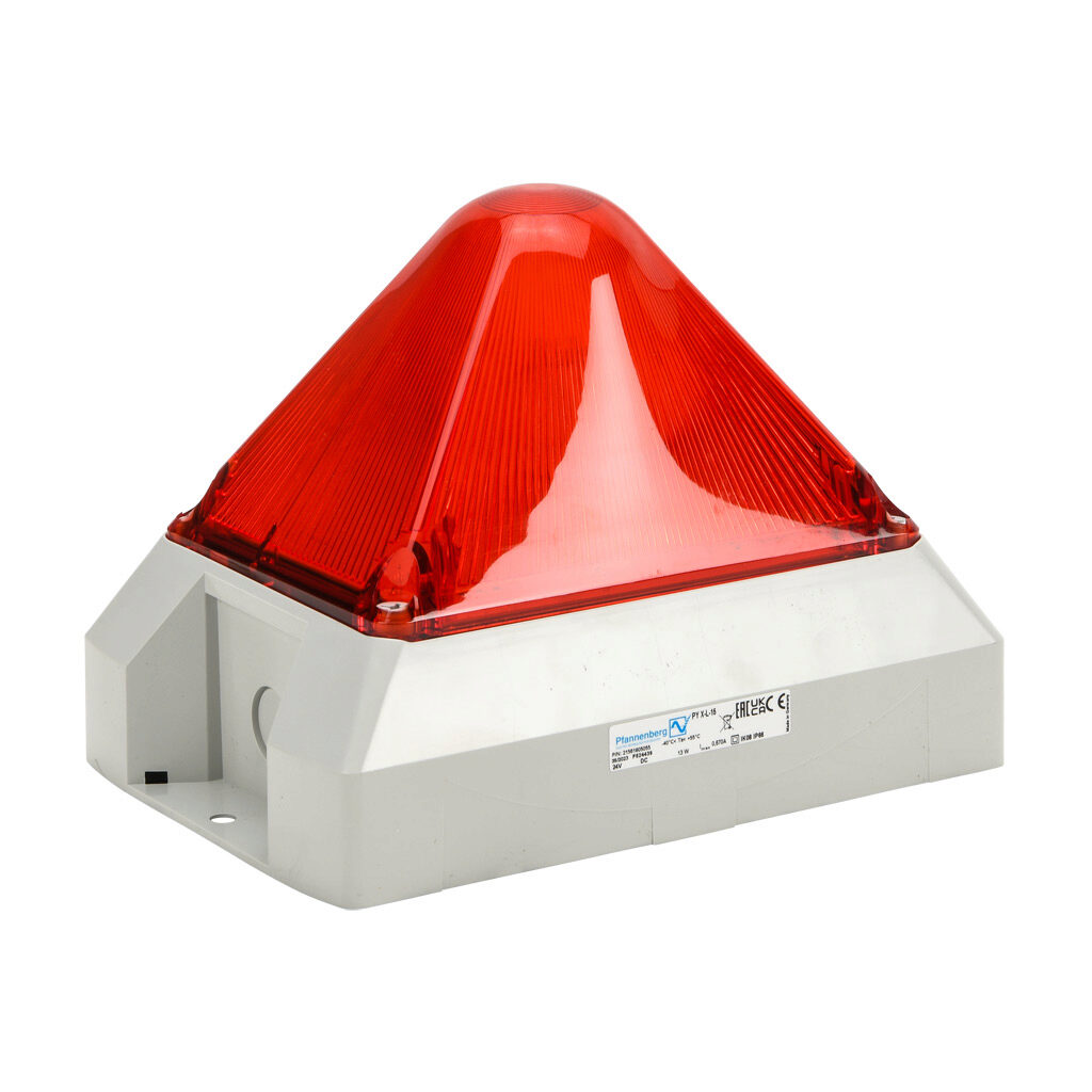 21561805055 - Pfannenberg PYRA series Xenon tube industrial signal beacon, 212 x 144 x 157mm, red, selectable flashing strobe, IP66, NEMA 4/4X, surface mount, 24 VDC.