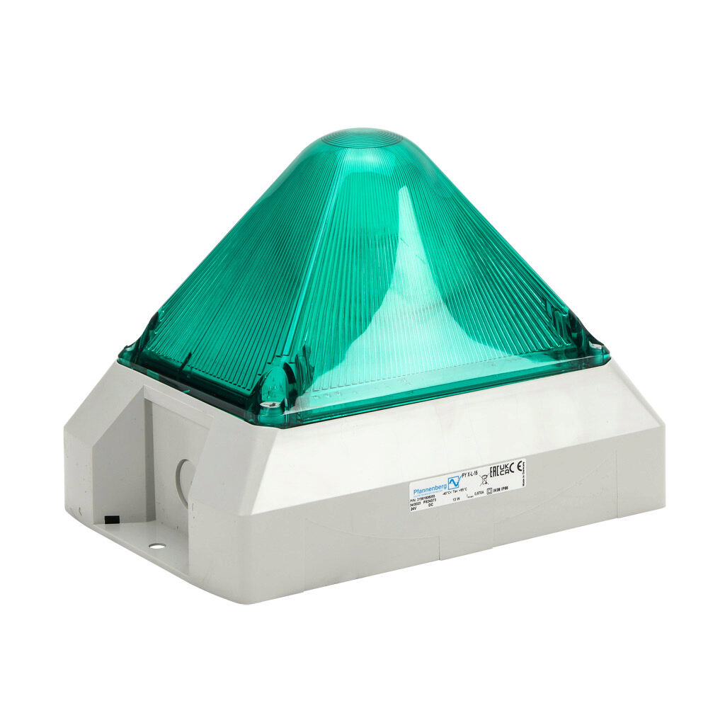 21561806055 - Pfannenberg PYRA series Xenon tube industrial signal beacon, 212 x 144 x 157mm, green, selectable flashing strobe, IP66, NEMA 4/4X, surface mount, 24 VDC.