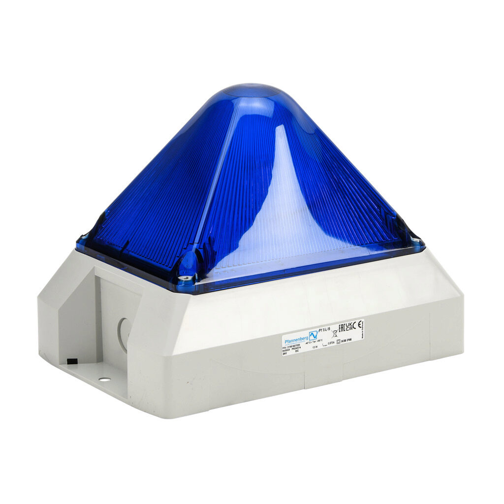 21561807055 - Pfannenberg PYRA series Xenon tube industrial signal beacon, 212 x 144 x 157mm, blue, selectable flashing strobe, IP66, NEMA 4/4X, surface mount, 24 VDC.