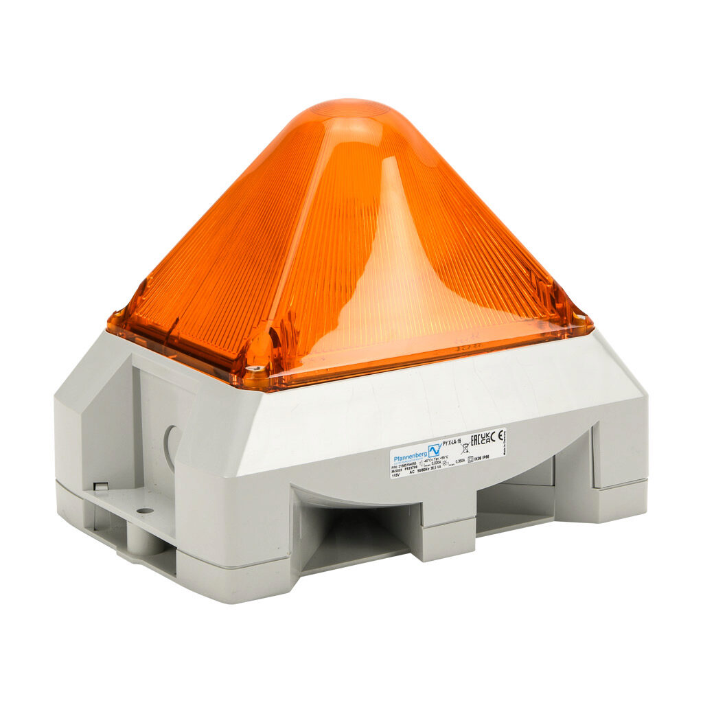 21565154055 - Pfannenberg PYRA series Xenon tube audible-visual signal beacon, 103 dB at 1m, (8) selectable tone(s), selectable flashing strobe, amber, 216 x 144 x 172mm, 115 VAC, IP66, NEMA 4/4X.