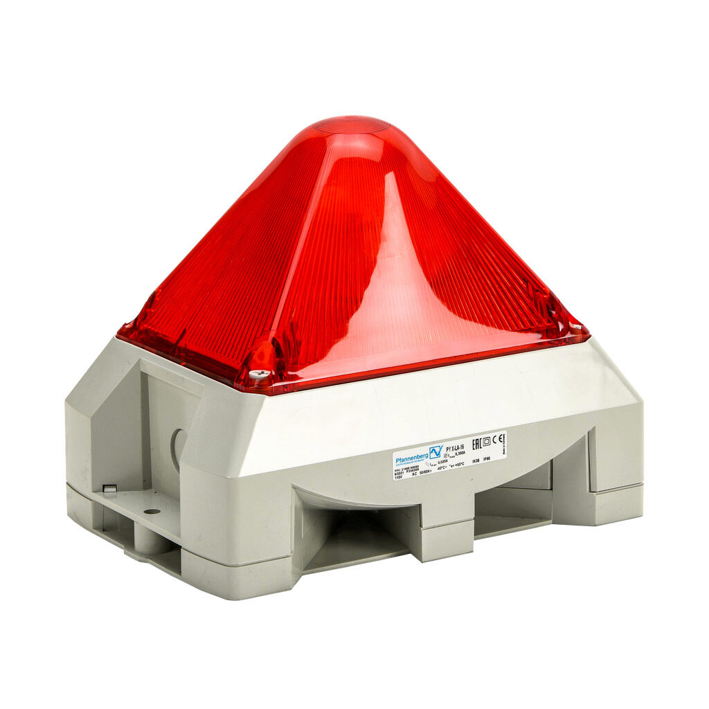 21565155055 - Pfannenberg PYRA series Xenon tube audible-visual signal beacon, 103 dB at 1m, (8) selectable tone(s), selectable flashing strobe, red, 216 x 144 x 172mm, 115 VAC, IP66, NEMA 4/4X.