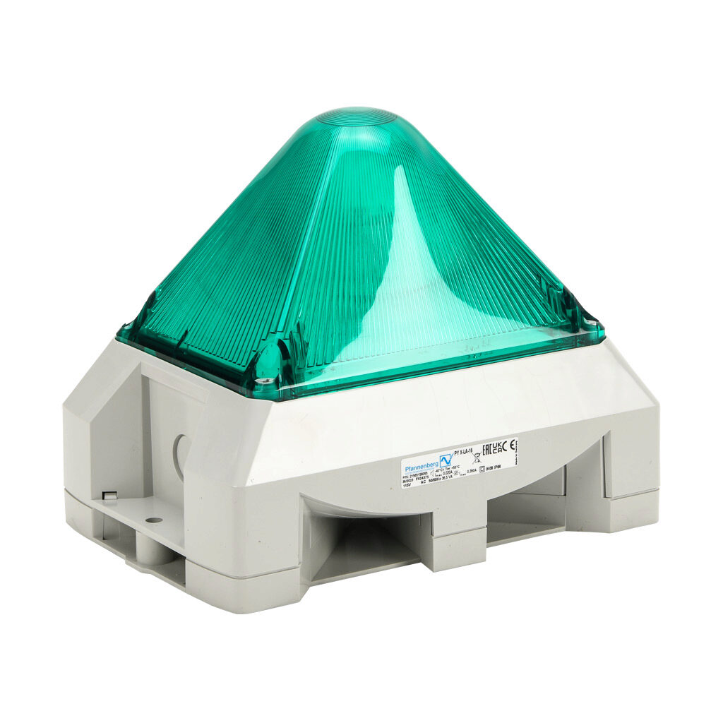 21565156055 - Pfannenberg PYRA series Xenon tube audible-visual signal beacon, 103 dB at 1m, (8) selectable tone(s), selectable flashing strobe, green, 216 x 144 x 172mm, 115 VAC, IP66, NEMA 4/4X.
