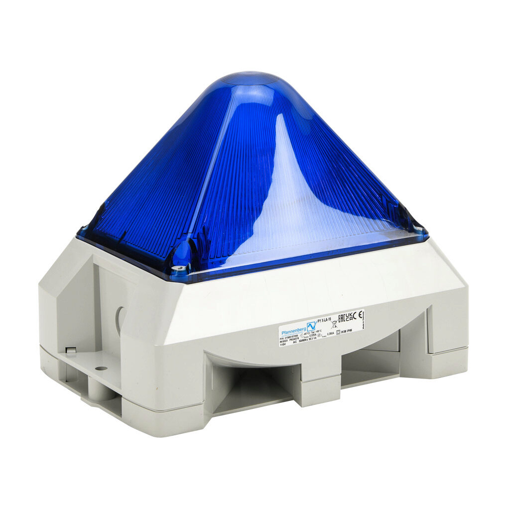 21565157055 - Pfannenberg PYRA series Xenon tube audible-visual signal beacon, 103 dB at 1m, (8) selectable tone(s), selectable flashing strobe, blue, 216 x 144 x 172mm, 115 VAC, IP66, NEMA 4/4X.