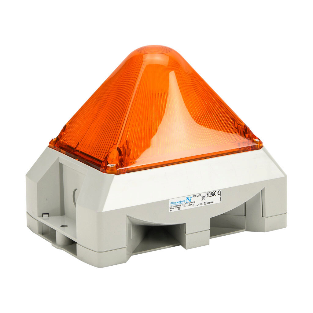 21565804055 - Pfannenberg PYRA series Xenon tube audible-visual signal beacon, 103 dB at 1m, (8) selectable tone(s), selectable flashing strobe, amber, 216 x 144 x 172mm, 24 VDC, IP66, NEMA 4/4X.