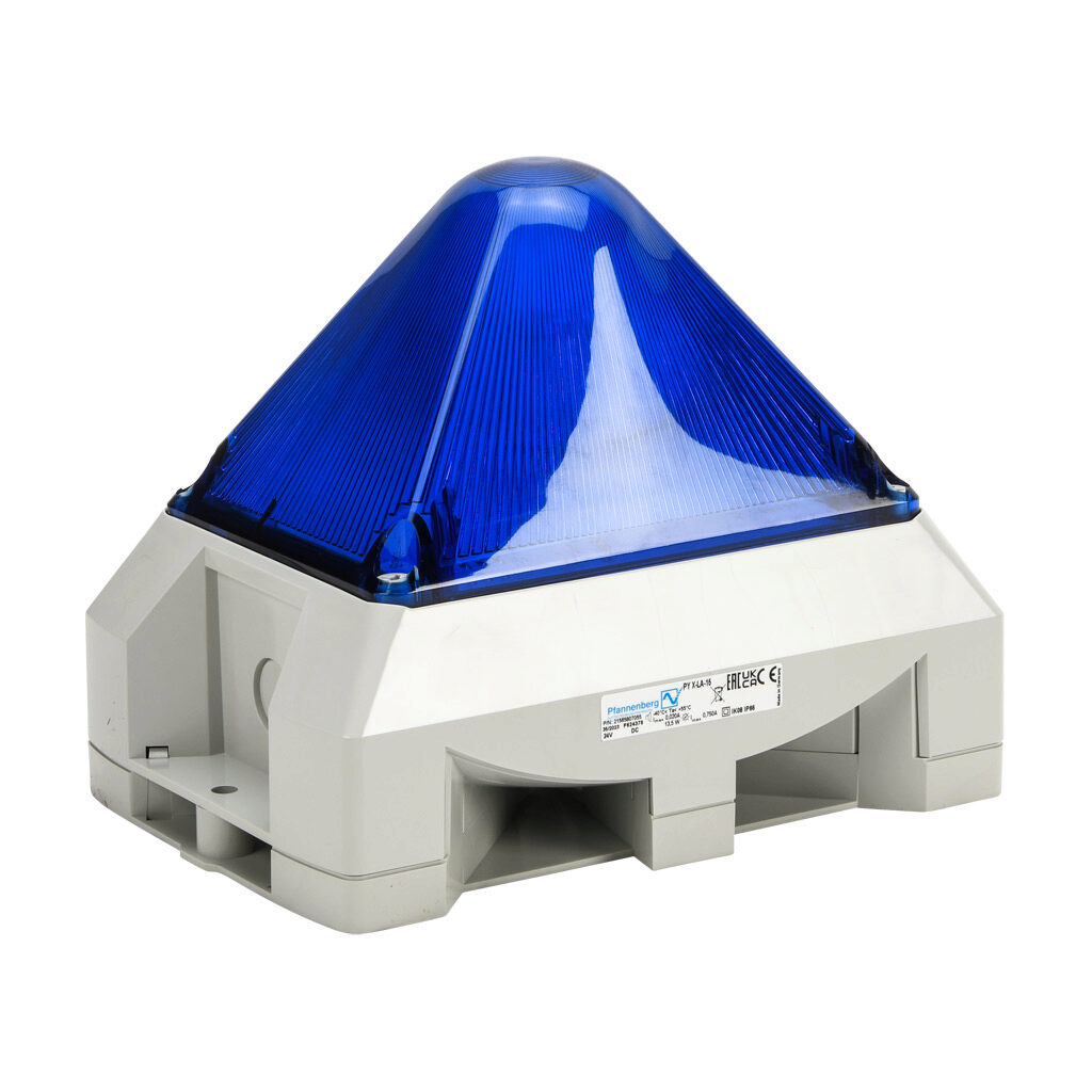 21565807055 - Pfannenberg PYRA series Xenon tube audible-visual signal beacon, 103 dB at 1m, (8) selectable tone(s), selectable flashing strobe, blue, 216 x 144 x 172mm, 24 VDC, IP66, NEMA 4/4X.