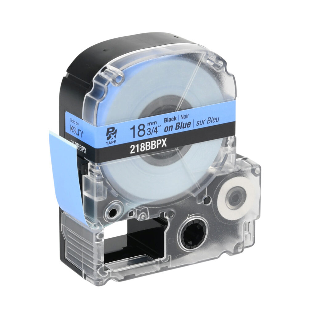 218BBPX - Epson LabelWorks PX series standard label cartridge, 18mm (3/4in) wide, 30ft roll, black text, blue background, polyester. For use with Epson LabelWorks PX series label printers.