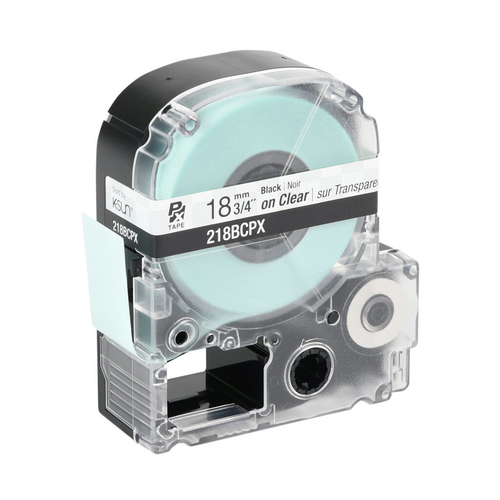 218BCPX - Epson LabelWorks PX series standard label cartridge, 18mm (3/4in) wide, 30ft roll, black text, clear background, polyester. For use with Epson LabelWorks PX series label printers.