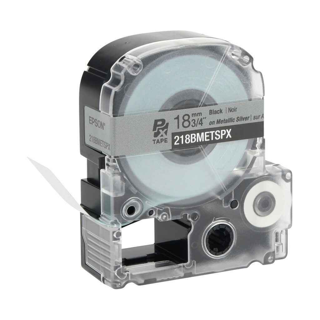 218BMETSPX - Epson LabelWorks PX series metallic label cartridge, 18mm (3/4in) wide, 30ft roll, black text, silver background, polyethylene terephthalate. For use with Epson LabelWorks PX series label printers.