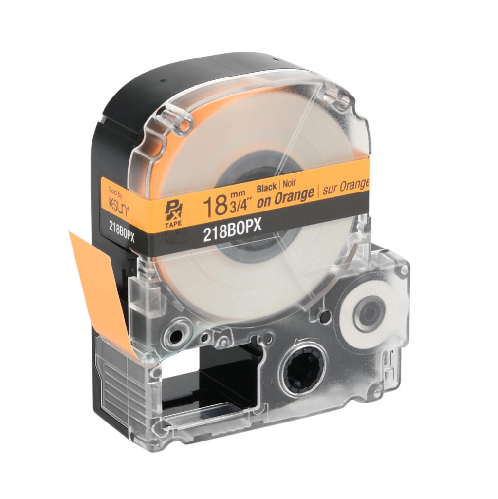 218BOPX - Epson LabelWorks PX series standard label cartridge, 18mm (3/4in) wide, 30ft roll, black text, orange background, polyester. For use with Epson LabelWorks PX series label printers.