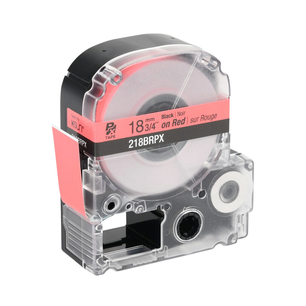 218BRPX - Epson LabelWorks PX series standard label cartridge, 18mm (3/4in) wide, 30ft roll, black text, red background, polyester. For use with Epson LabelWorks PX series label printers.