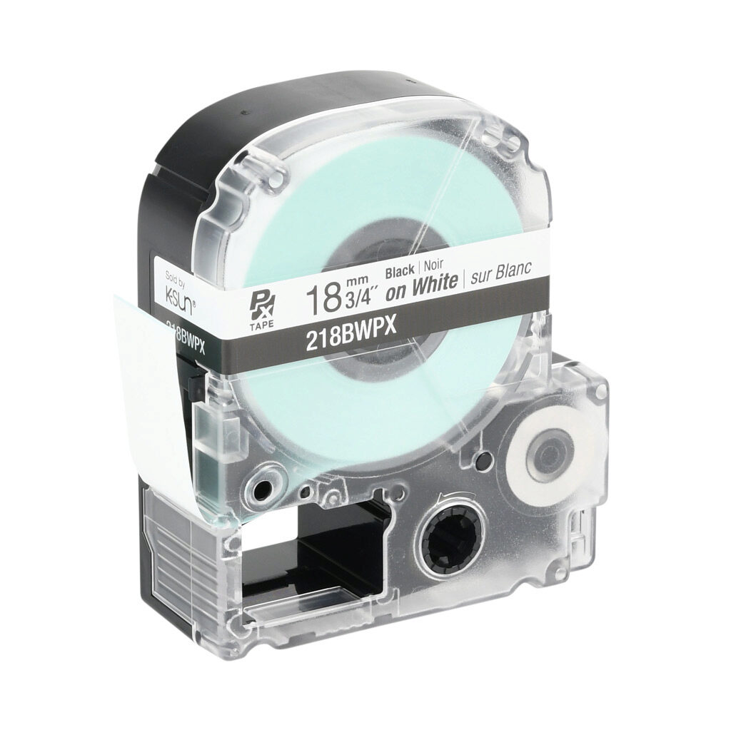 218BWPX - Epson LabelWorks PX series standard label cartridge, 18mm (3/4in) wide, 30ft roll, black text, white background, polyester. For use with Epson LabelWorks PX series label printers.