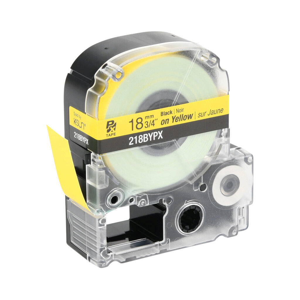 218BYPX - Epson LabelWorks PX series standard label cartridge, 18mm (3/4in) wide, 30ft roll, black text, yellow background, polyester. For use with Epson LabelWorks PX series label printers.