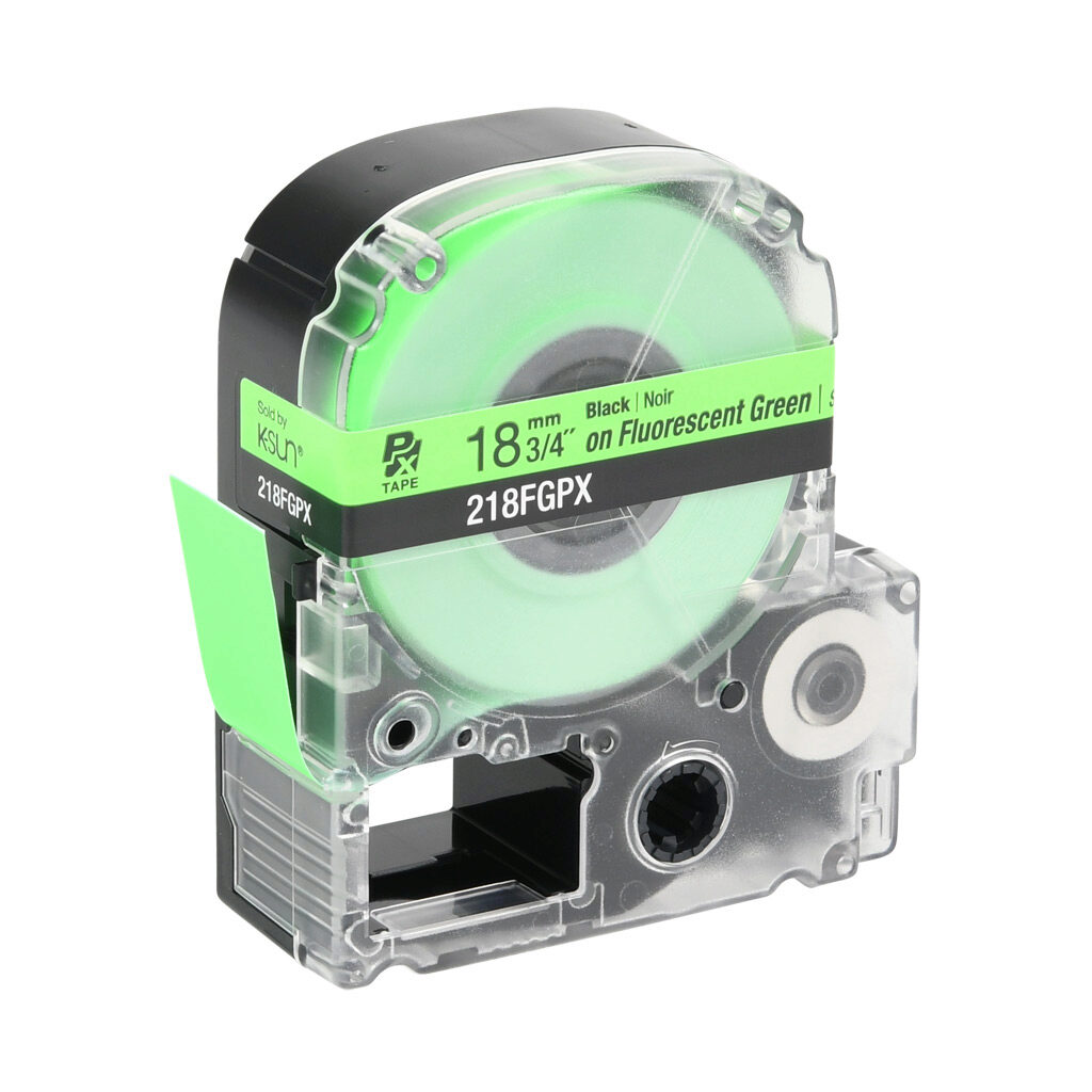 218FGPX - Epson LabelWorks PX series industrial adhesive label cartridge, 18mm (3/4in) wide, 30ft roll, black text, fluorescent green background, polyester. For use with Epson LabelWorks PX series label printers.