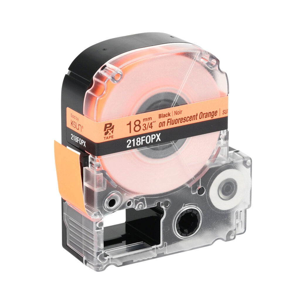 218FOPX - Epson LabelWorks PX series industrial adhesive label cartridge, 18mm (3/4in) wide, 30ft roll, black text, fluorescent orange background, polyester. For use with Epson LabelWorks PX series label printers.