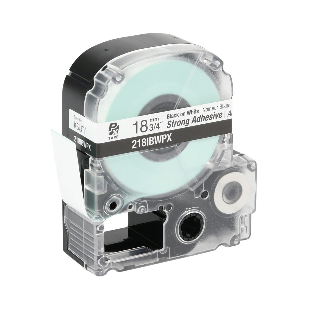218IBWPX - Epson LabelWorks PX series strong adhesive label cartridge, 18mm (3/4in) wide, 30ft roll, black text, white background, polyester. For use with Epson LabelWorks PX series label printers.
