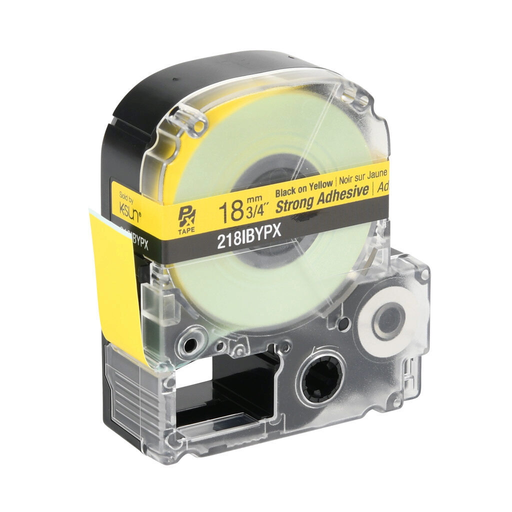 218IBYPX - Epson LabelWorks PX series strong adhesive label cartridge, 18mm (3/4in) wide, 30ft roll, black text, yellow background, polyester. For use with Epson LabelWorks PX series label printers.