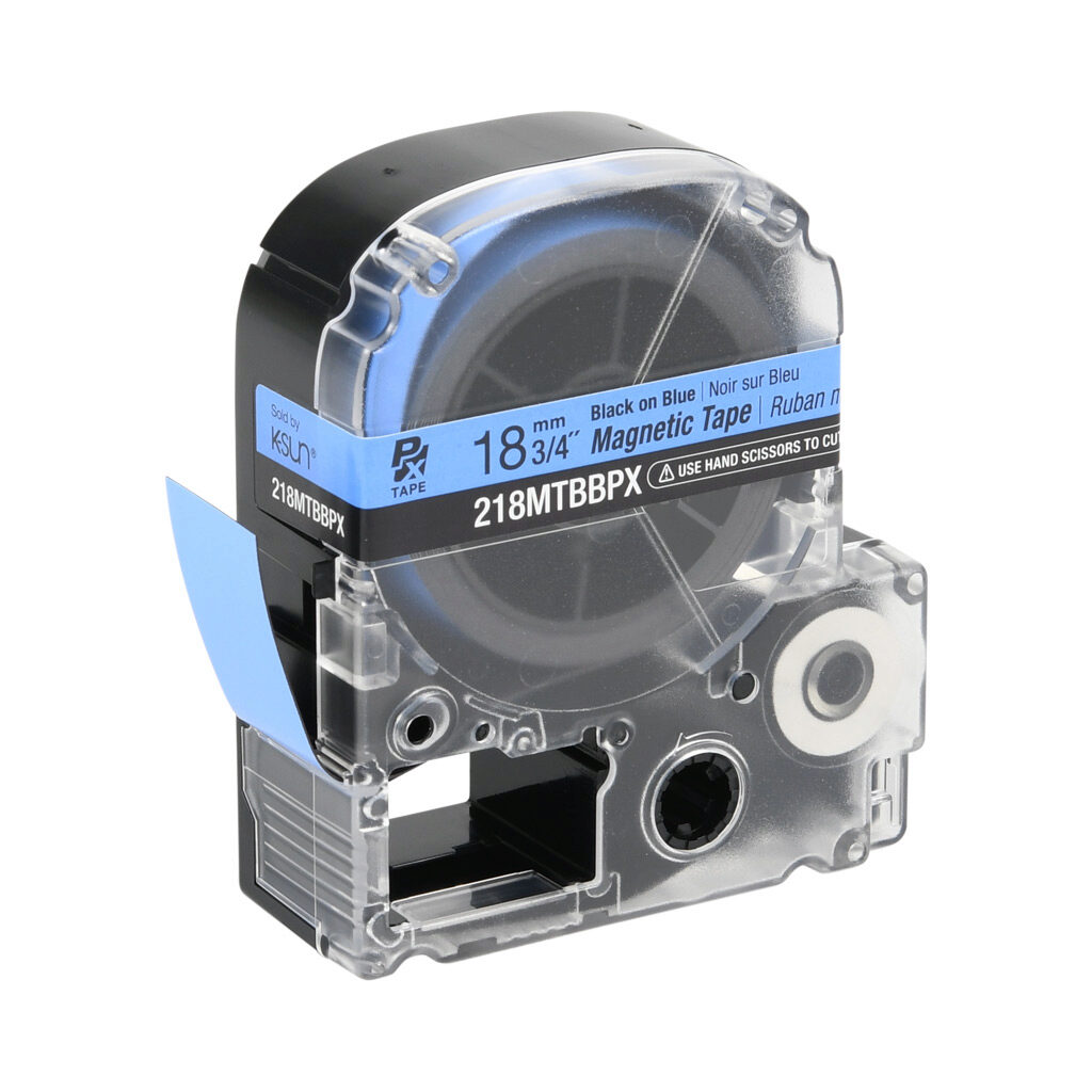218MTBBPX-4.9 - Epson LabelWorks PX series magnetic label cartridge, 18mm (3/4in) wide, 4.9ft roll, black text, blue background, polyester-laminated magnet. For use with Epson LabelWorks PX series label printers.