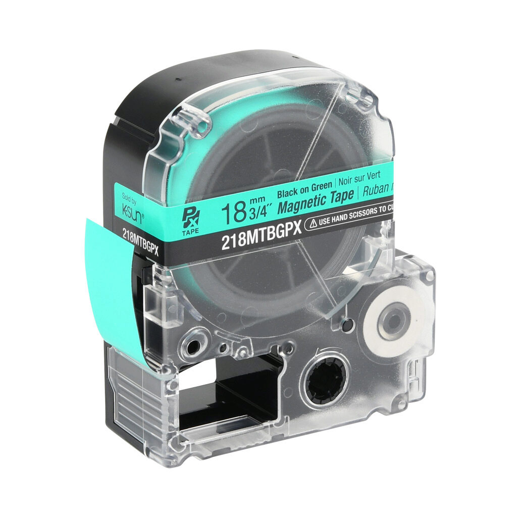 218MTBGPX-4.9 - Epson LabelWorks PX series magnetic label cartridge, 18mm (3/4in) wide, 4.9ft roll, black text, green background, polyester-laminated magnet. For use with Epson LabelWorks PX series label printers.