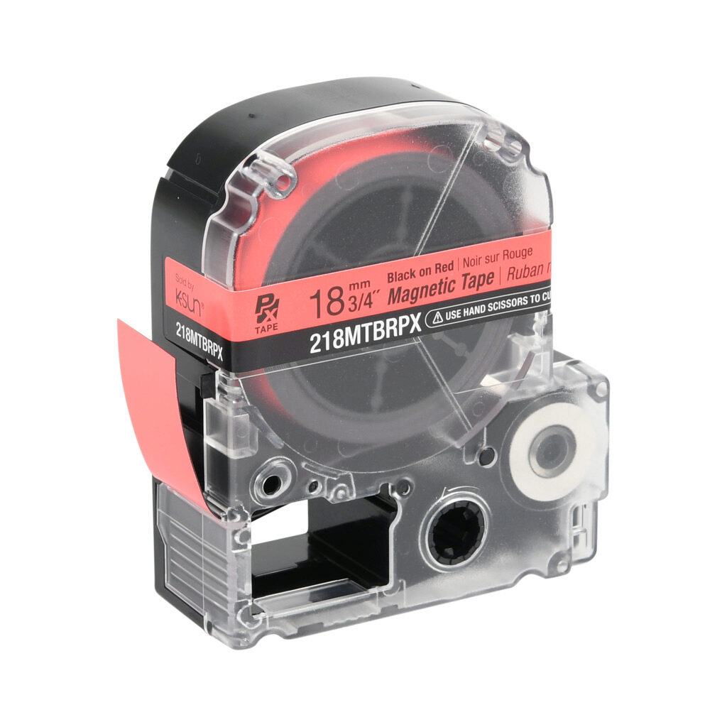 218MTBRPX-4.9 - Epson LabelWorks PX series magnetic label cartridge, 18mm (3/4in) wide, 4.9ft roll, black text, red background, polyester-laminated magnet. For use with Epson LabelWorks PX series label printers.