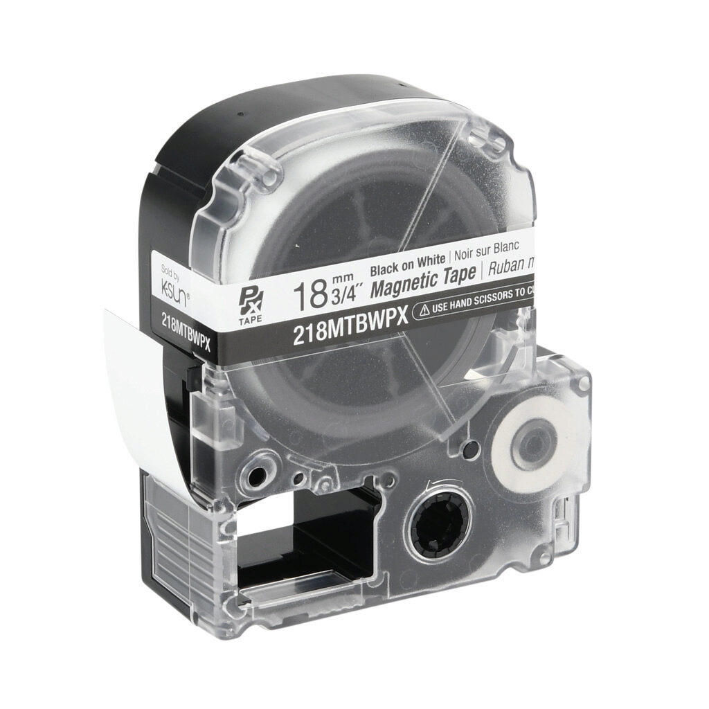 218MTBWPX-4.9 - Epson LabelWorks PX series magnetic label cartridge, 18mm (3/4in) wide, 4.9ft roll, black text, white background, polyester-laminated magnet. For use with Epson LabelWorks PX series label printers.