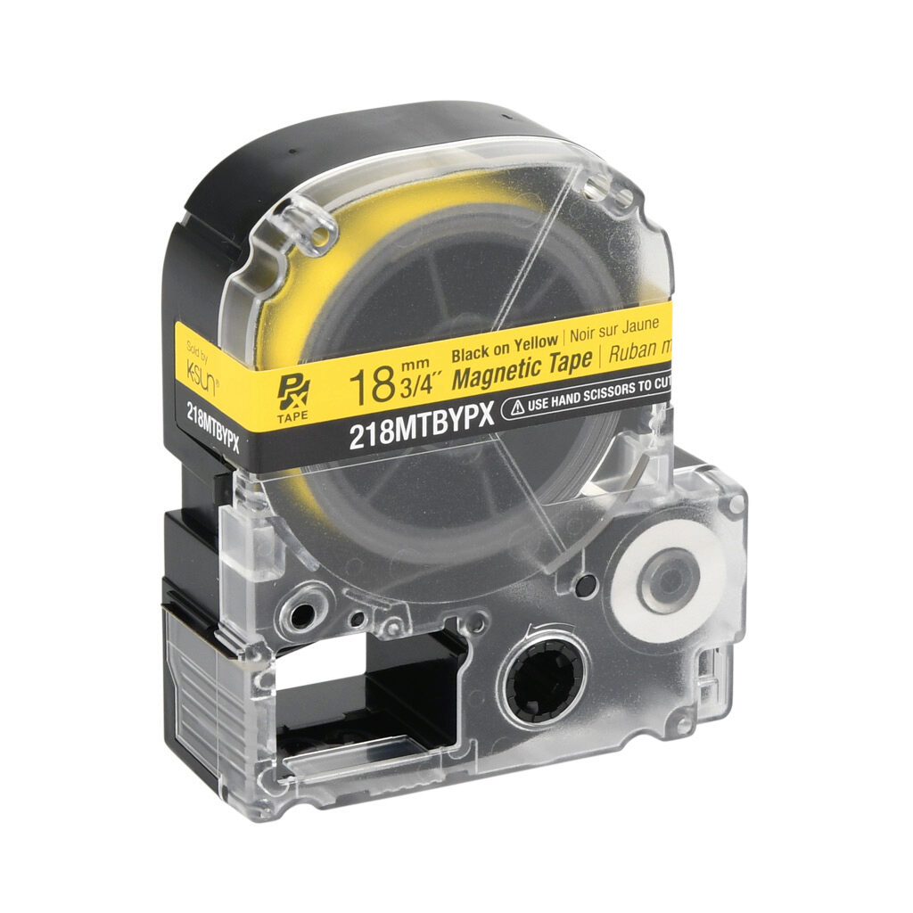 218MTBYPX-4.9 - Epson LabelWorks PX series magnetic label cartridge, 18mm (3/4in) wide, 4.9ft roll, black text, yellow background, polyester-laminated magnet. For use with Epson LabelWorks PX series label printers.