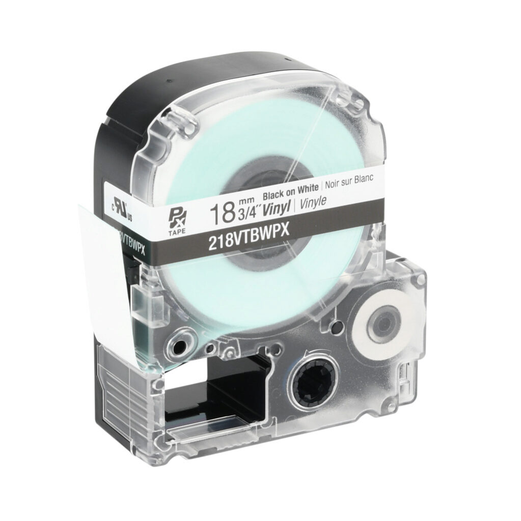 218VTBWPX - Epson LabelWorks PX series standard label cartridge, 18mm (3/4in) wide, 22.9ft roll, black text, white background, vinyl. For use with Epson LabelWorks PX series label printers.
