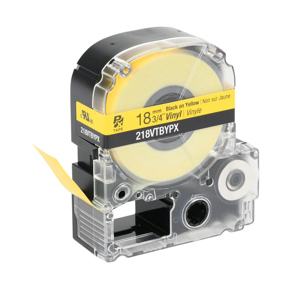 218VTBYPX - Epson LabelWorks PX series standard label cartridge, 18mm (3/4in) wide, 22.9ft roll, black text, yellow background, vinyl. For use with Epson LabelWorks PX series label printers.