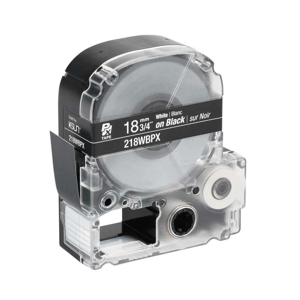 218WBPX - Epson LabelWorks PX series standard label cartridge, 18mm (3/4in) wide, 30ft roll, white text, black background, polyester. For use with Epson LabelWorks PX series label printers.