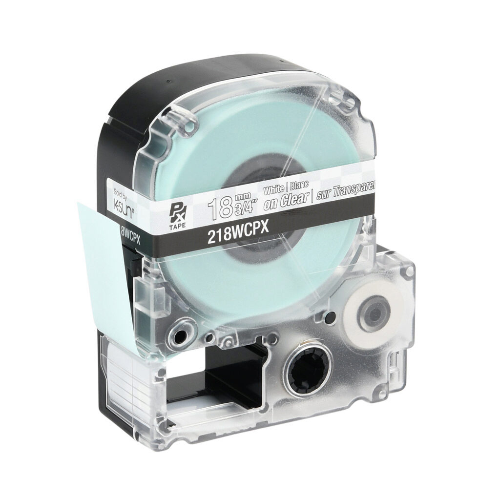 218WCPX - Epson LabelWorks PX series standard label cartridge, 18mm (3/4in) wide, 30ft roll, white text, clear background, polyester. For use with Epson LabelWorks PX series label printers.