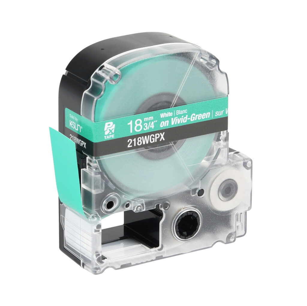 218WGPX - Epson LabelWorks PX series standard label cartridge, 18mm (3/4in) wide, 30ft roll, white text, green background, polyester. For use with Epson LabelWorks PX series label printers.