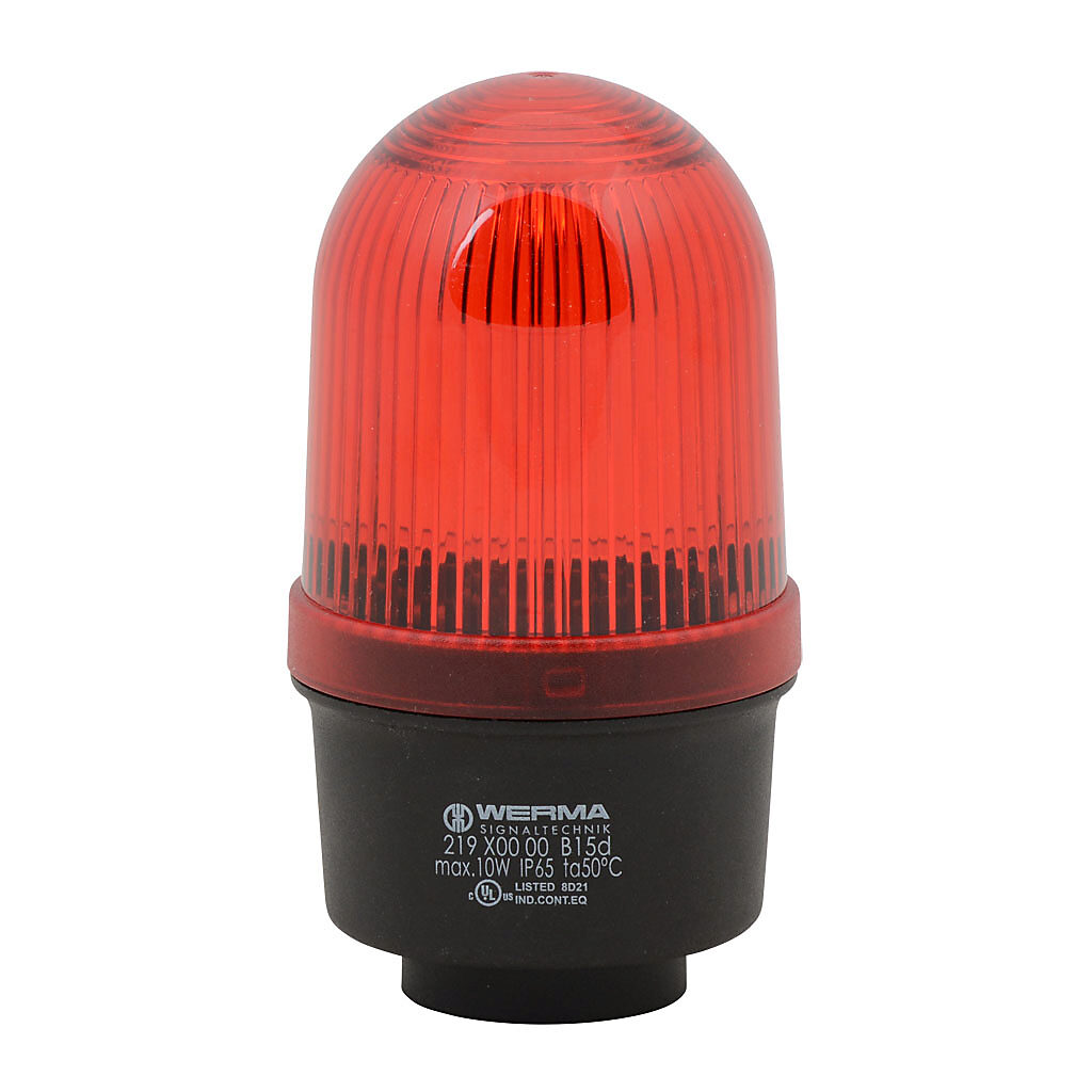 21910000 - WERMA incandescent industrial tall signal beacon, 57mm, red, permanent, IP65, tube mount, 12-240 VAC/VDC. Requires incandescent bulb.