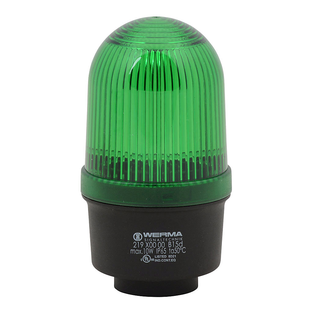 21920000 - WERMA incandescent industrial tall signal beacon, 57mm, green, permanent, IP65, tube mount, 12-240 VAC/VDC. Requires incandescent bulb.